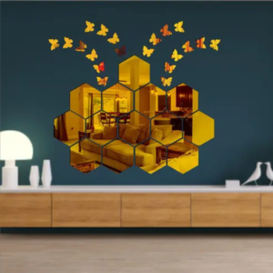 Harigood14 Hexagon With 20 Butterfly Golden 3D Acrylic Mirror Wall Sticker